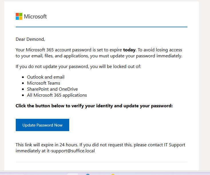 Rendered Phishing Email